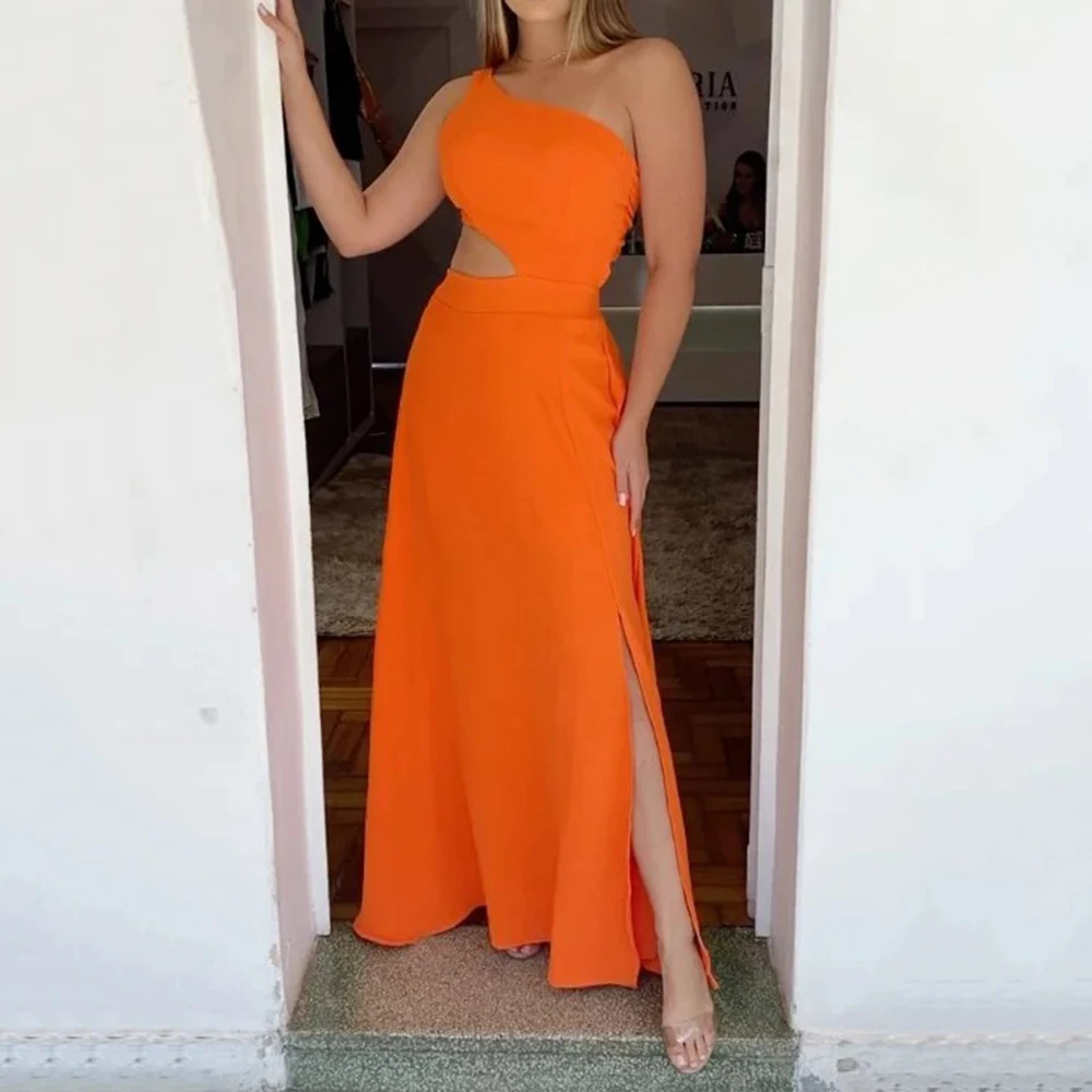 

Beachbele Women Maxi Dress Orange One Shoulder Hollow Solid Color Slit Skirt Fashion Dance Party Elegant Streetwear