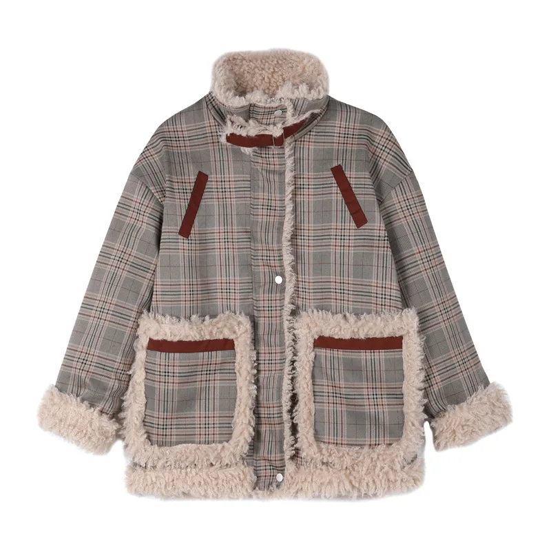 Pi Overcome Women's Winter Mid length Plaid Loose Coat