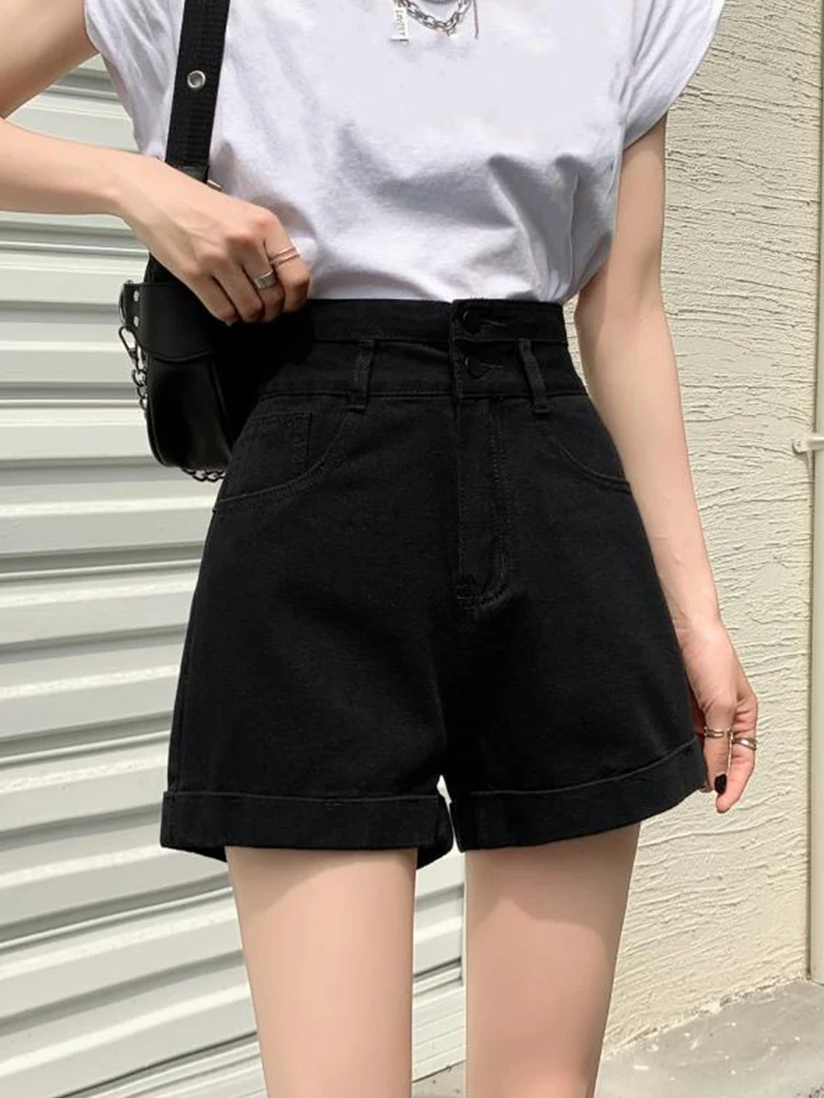New Spring Summer Women High Waist Loose Black Denim Shorts Streetwear Female Single Breasted Jeans Shorts Bottoms