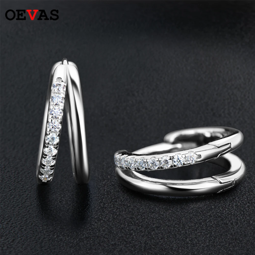 

OEVAS 100% 925 Sterling Silver 1MM Moissanite Double Rings Hoop Earrings For Women Wedding Sparkling Fine Jewelry Gift For Girls