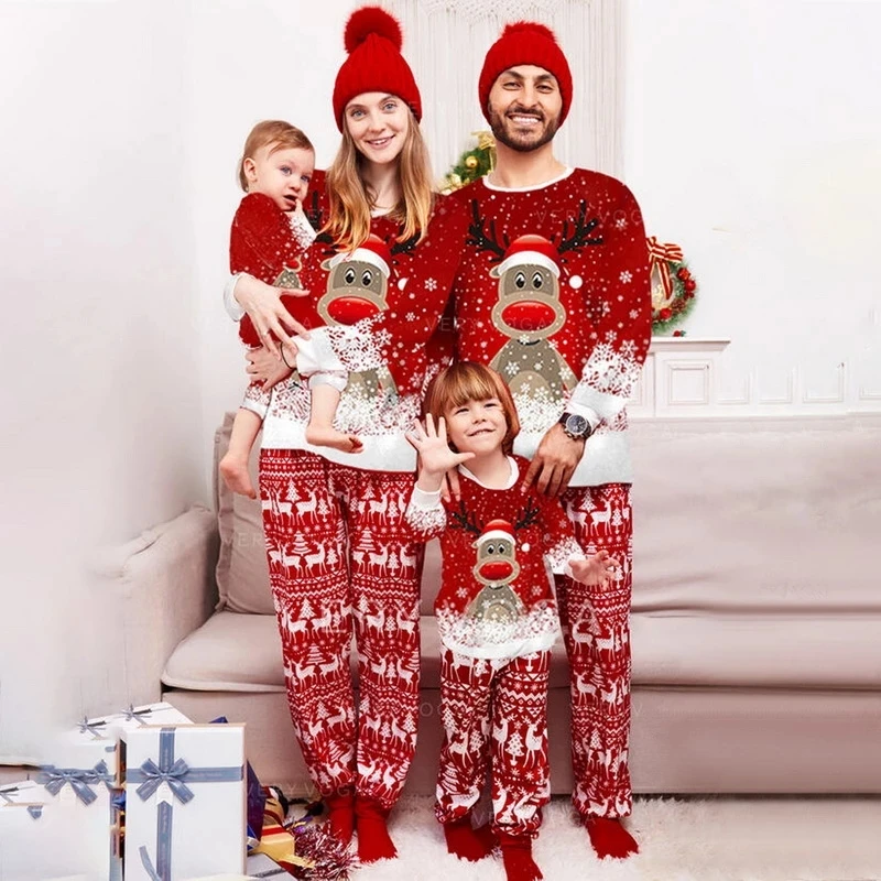 

New Year Red Christmas Pajamas Family Matching Set Xmas Deer Print Pijamas Mother Daughter Father Son Outfit Couple Sleepwear