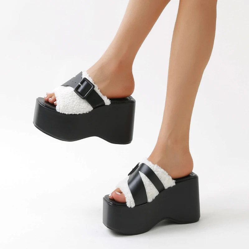 Square Toe Platform Wedges Wool Belt Buckle Women's Slippers Summer Fashion Solid Color Simple Slip On Muller Shoes Soft Leather