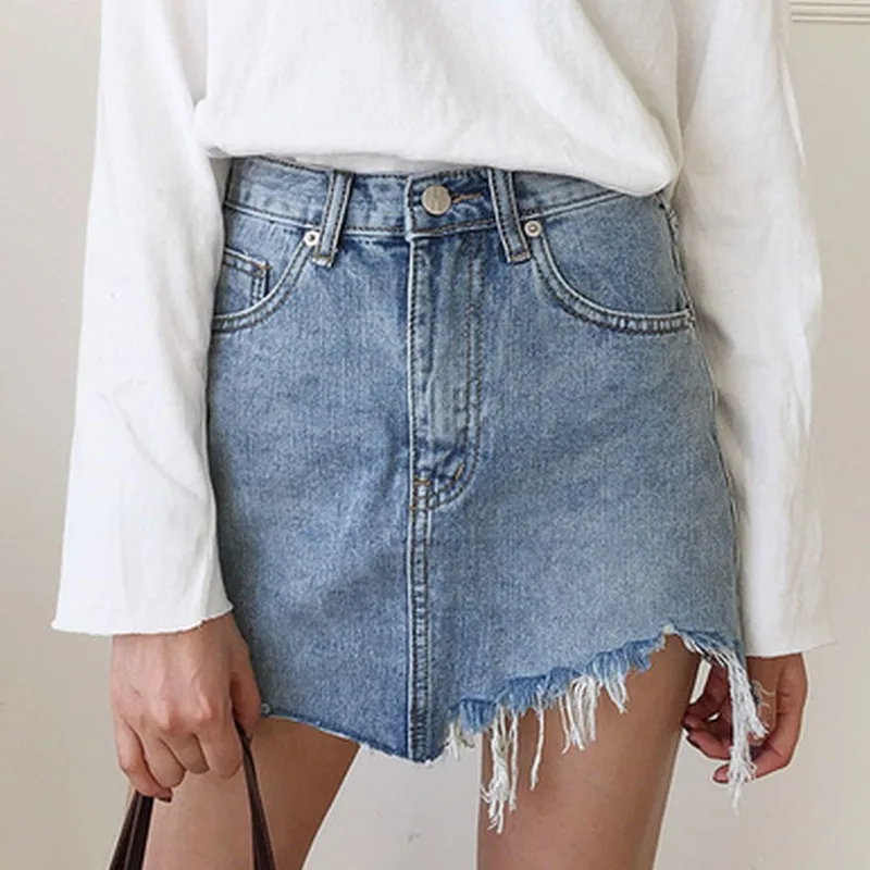 

2021 Summer Korean Fashion Mini Skirt Casual Irregular Brushed Denim High Waist Skirts Vintage Street A-line Thin Pencil Skirt