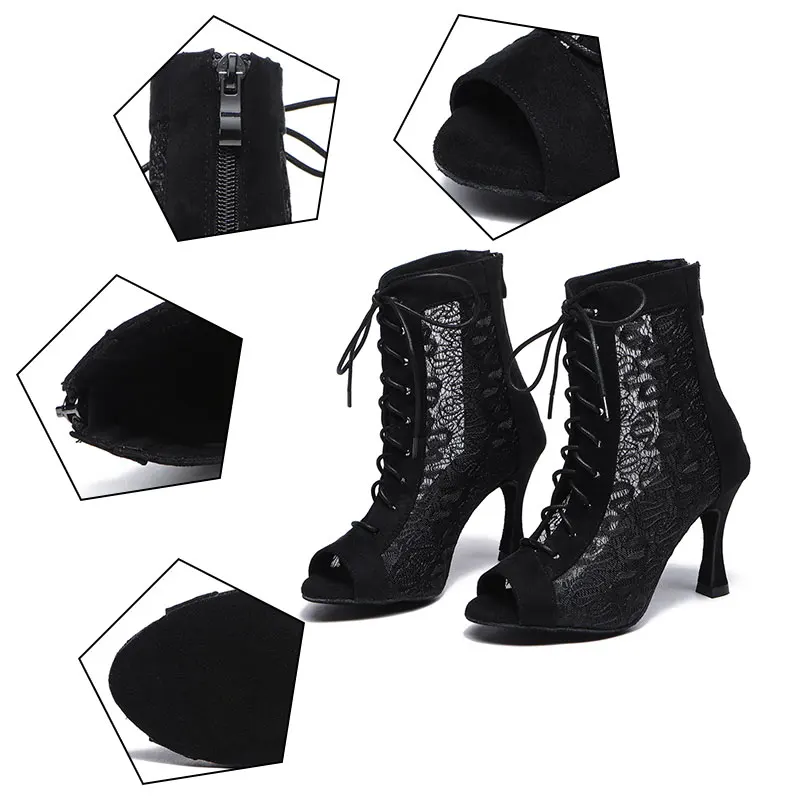Woman Ankle Boots For Dancing Latin Dance Shoes Ballroom Tango Shoes Girls Ladies Women's Salsa Lace Heeled Shoes Black Sandals