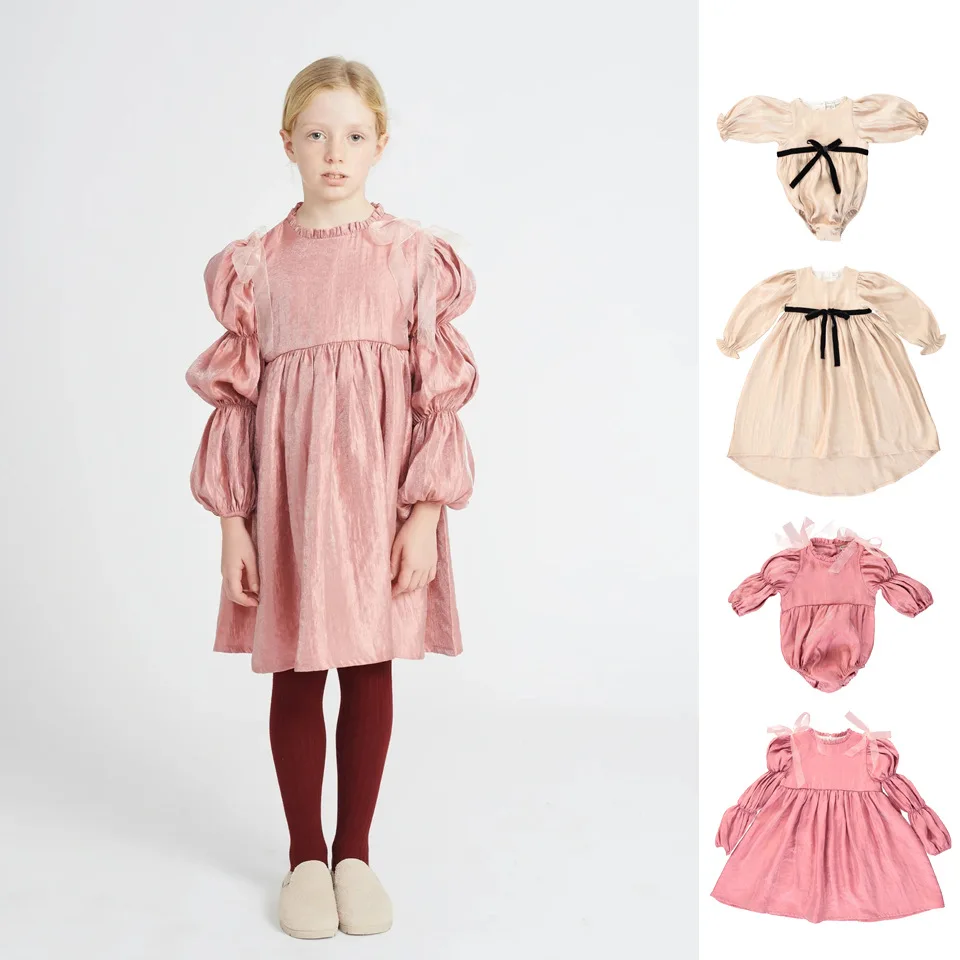 

Girls' Christmas Dress 2023 Autumn/winter New BeBe Bubble Long Sleeve Children's Dress Ribbon Irregular Crawling Clothes