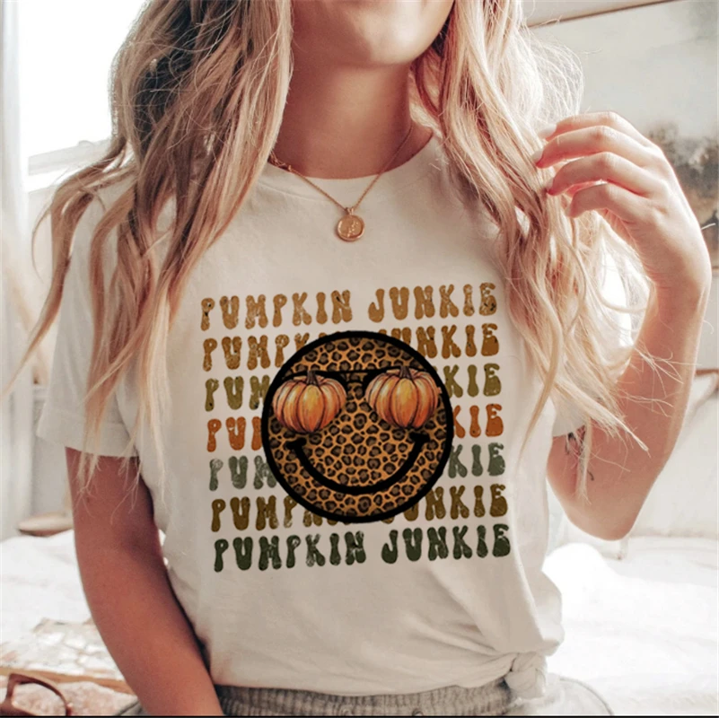 

Модная свободная футболка с круглым вырезом на осень, Хэллоуин, осень, повседневная одежда, милая женская футболка в стиле 90-х с тыквой, женс...