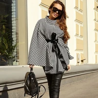 retro houndstooth bowknot cloaks women fashion o neck pullover autumn winter capes thick warm grey loose ponchos with free belt