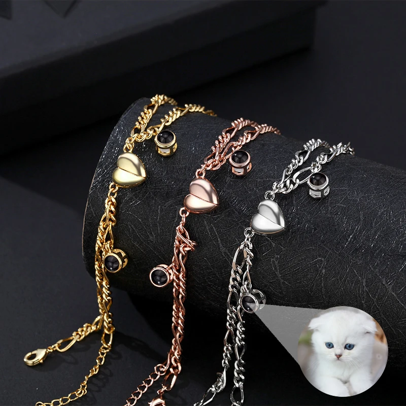 Magnetic Peach Heart Pendant Personalized Custom Photo Projection Couple Bracelet Commemorative Jewelry Gifts Drop Shipping