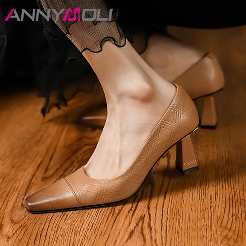 

ANNYMOLI Genuine Leather Women Shoes Spring 2022 SheepSkin Chunky Heels Pumps Square Toe High Heel Lady Fashion Footwear Black