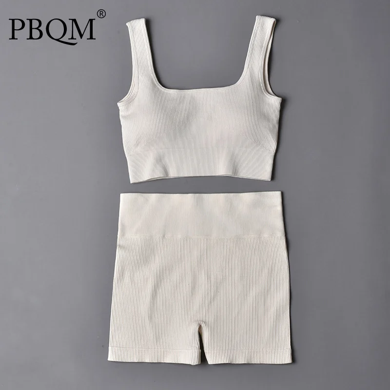 

PBQM U-neck 2Pcs Suit New Square Neck Bra Shorts Pants Seamless Knitted Sports Yoga Sport Gym Wear Set Women Fitness Tracksuit