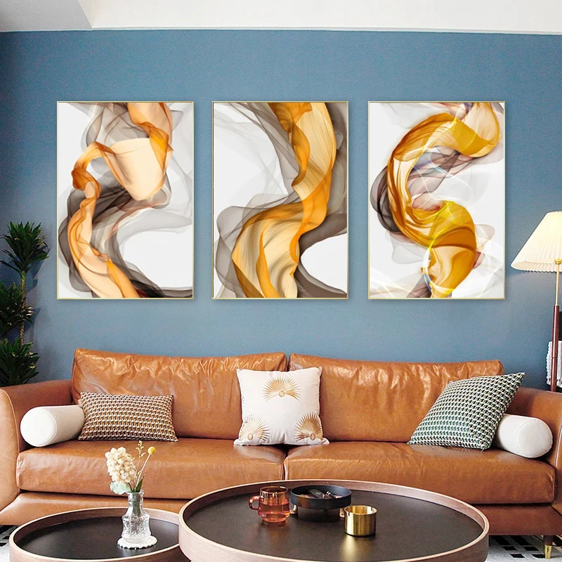 3 шт. Современная Абстрактная Картина на холсте серебристые шелковые ленты