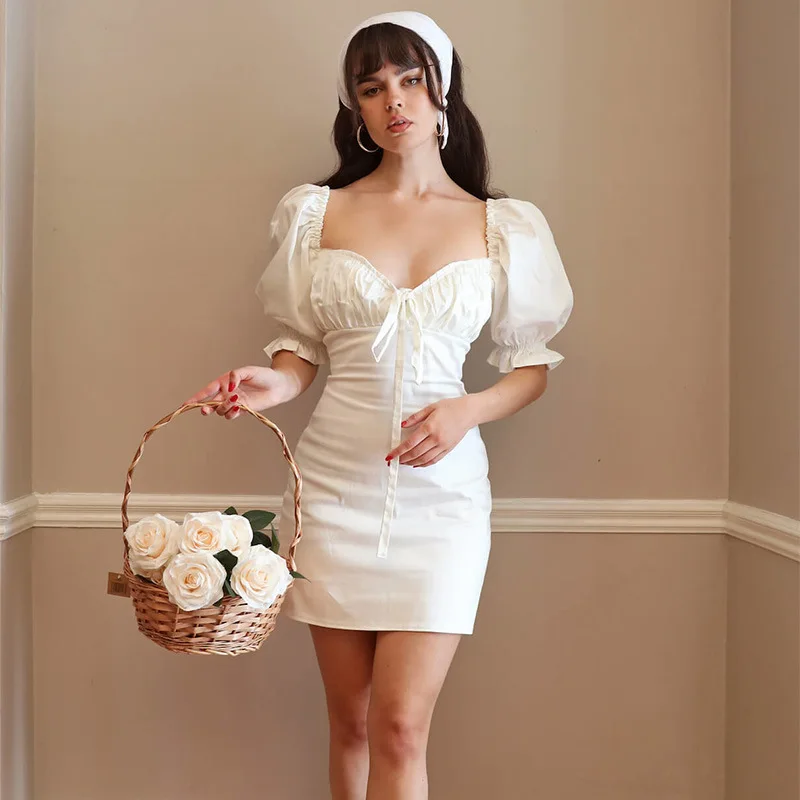 

Mandylandy Women Elegant Evening Party Dress Lady Fashion Short Puff Sleeve V Neck High Waist Corset Bodycon Mini Dress