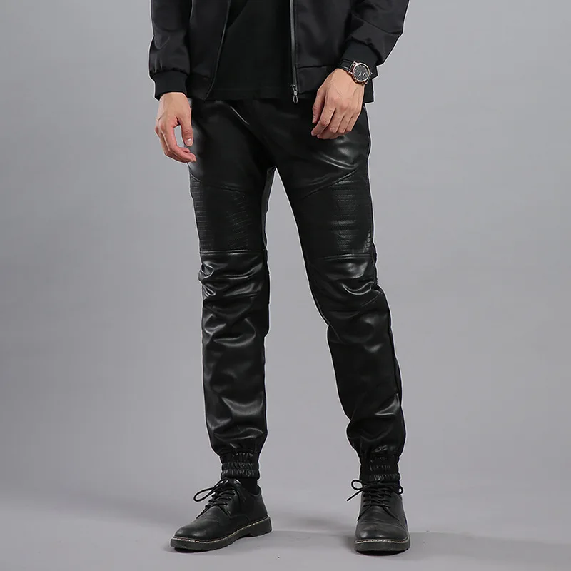 

Men's Motorcycle Leather Pants Korean Casual Fashion Slim PU Pants Bike Riding Leather Pants 2022 New Men Pants