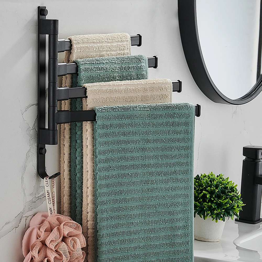 

Bathroom Aluminum Towel Rack Rail Holder Black Swivel Rotating Hand Towel Bars Racks Wall Hanger Fixture Space Saving Hardware