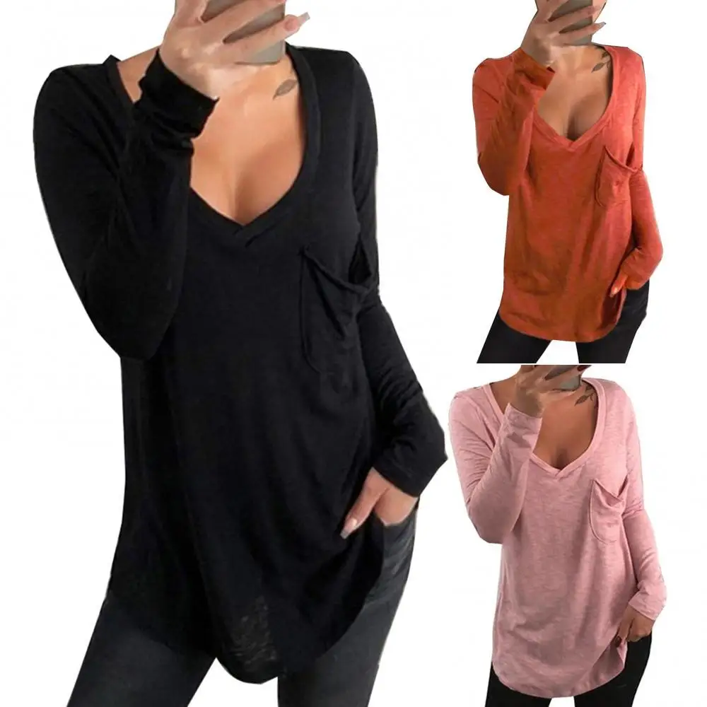 

Женская Однотонная футболка с длинным рукавом и V-образным вырезом