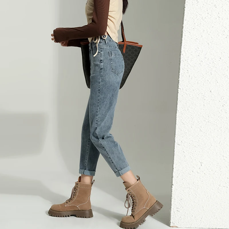 Spring Summer 2023 Elegant Harem Pants Women Casual Ankle-Length Pants Retro Blue Slim Skinny High Waist Jeans Femme