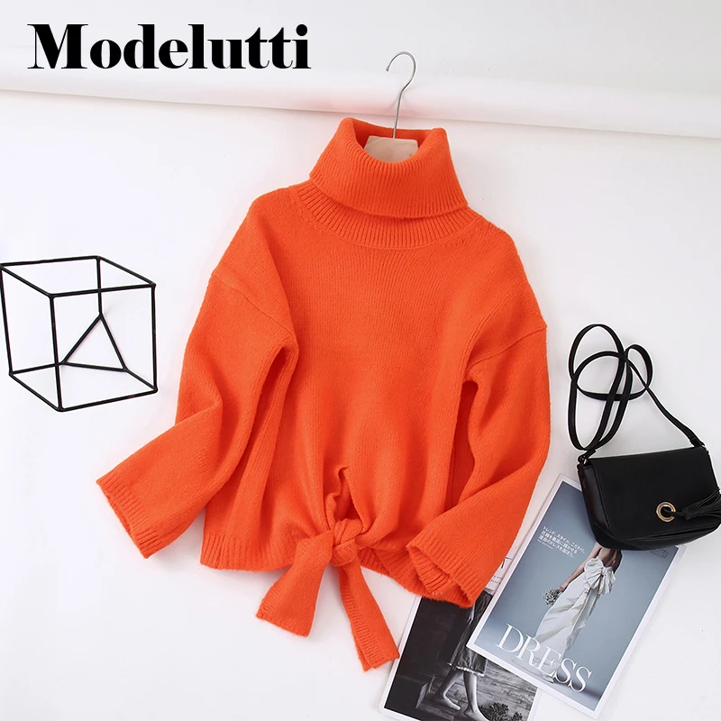 

Modelutti 2023 New Autumn Winter Fashion Turtleneck Knitted Sweater Tied Women Keep Warm Pullover Solid Simple Tops Female Chic