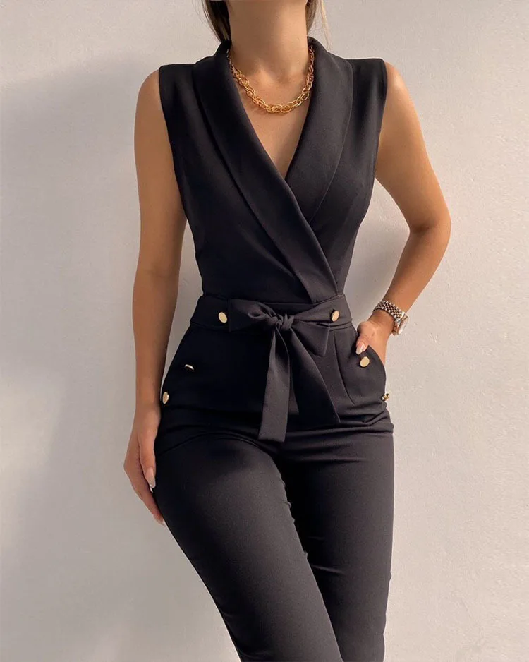 

Sexy Black Elegant Ladise Office Bodycon Jumpsuit Fashion V Neck Pocket Button Lace-Up Romper For Women Summer Casual Overalls