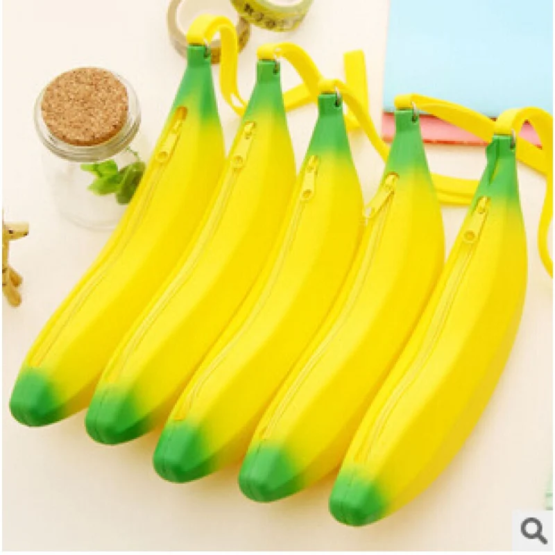 

Novelty Yellow Banana Silicone Pencil Case Stationery Storage Pencil Bag dual Coin Purse Key Wallet Promotional Gift Stationery
