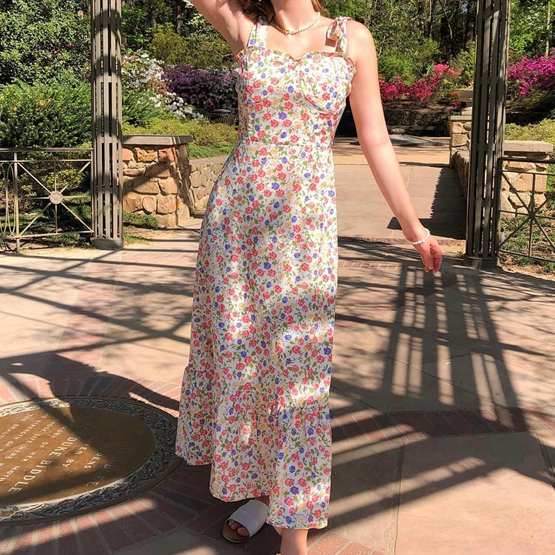 

Summer Dresses Woman 2022 Colorful Floral Printed Cute Prairie Chic Sweety Spaghetti Strap Elegant Vintage Franch Backless