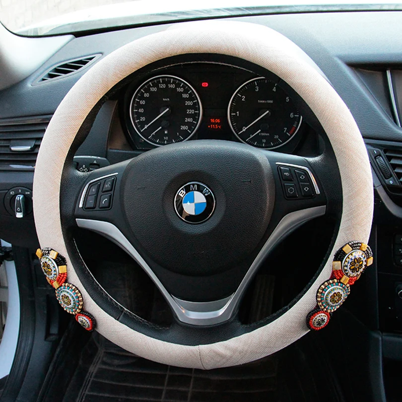 

Vintage Beaded Car Steering Wheel Covers 15 inch 38CM Retro Crystals Steering Wheels Case for Women