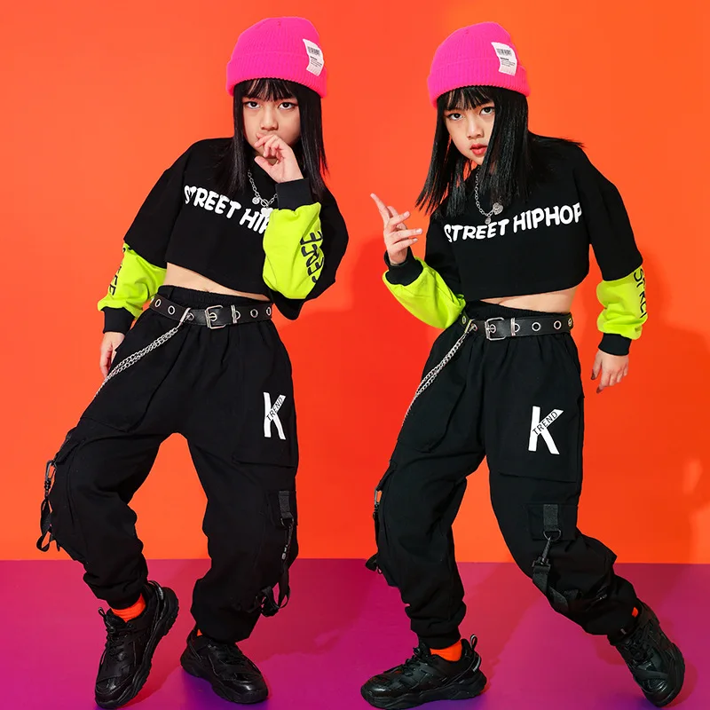 

Детские джазовые танцевальные костюмы для девочек, уличные танцевальные укороченные толстовки в стиле хип-хоп, шаровары, одежда для выступ...