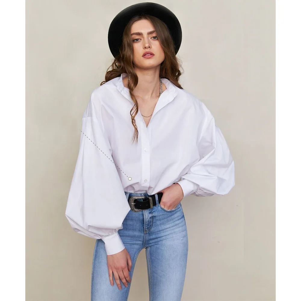 

White Blouse Lantrern Sleeve Ruffles Shirt Blouse Tops Women 2023 New Summer Shirt Long Pullover Loose Blouse Shirts Work Tops