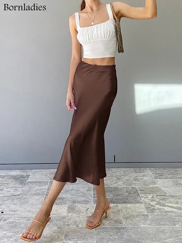 Bornladies Solid Purple Satin Silk Skirt Women High Waisted Summer Long Skirt New 2020 Elegant Ladies Office Skirts Midi Spring
