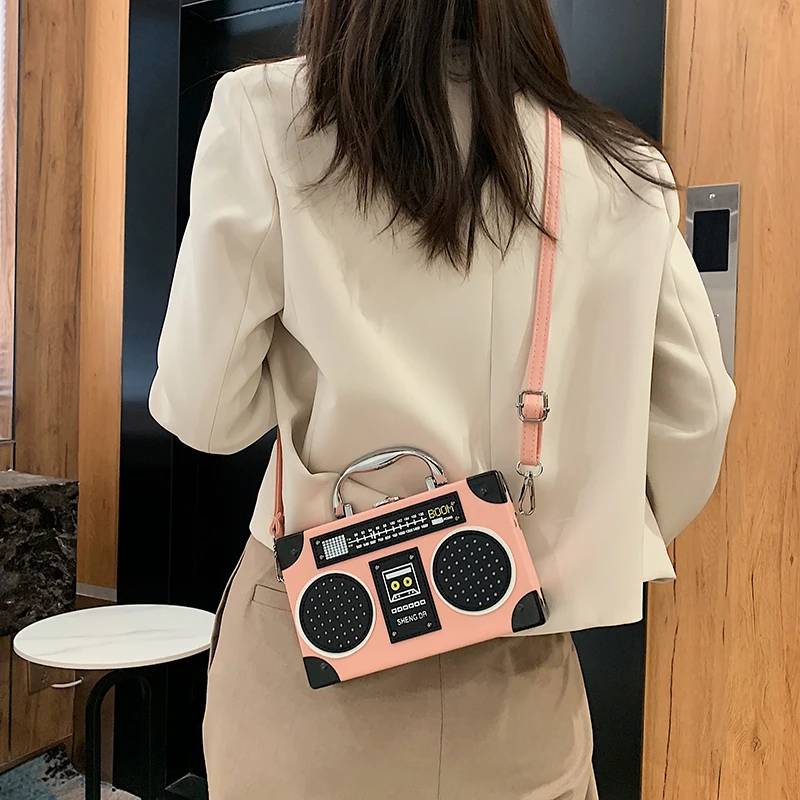 Party Handbags for Women 2023 Hit Personality Fashion Bag Leather Funny Cute Radio Shape Small Square Box Hip Hop Shoulder Bag
