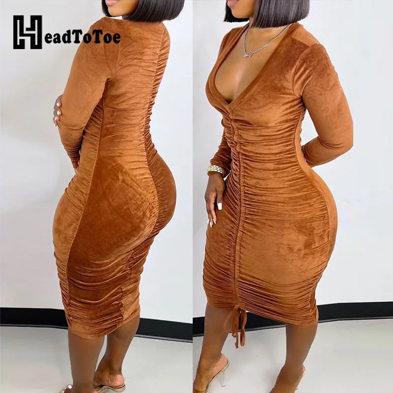 

Velvet Long Sleeve Drawstring Ruched Bodycon Dress