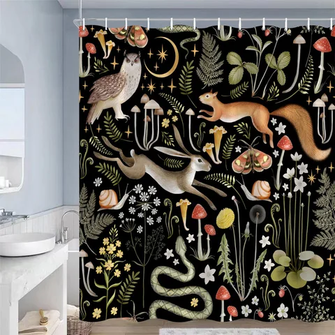 Винтажные занавески для душа в виде грибов, занавески для ванной черного цвета с лесными массивами, бабочками, растениями, цветами, декор для ванной комнаты с крючками