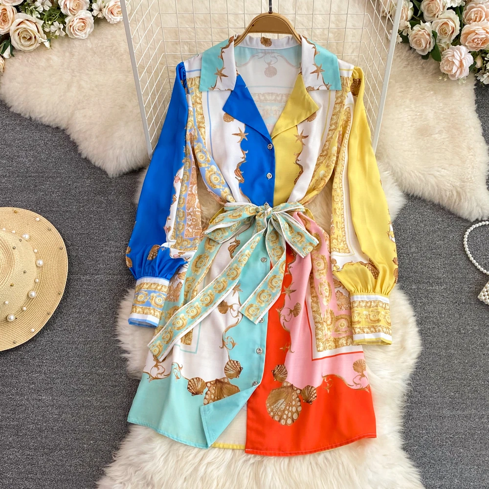 

Clothland Women Vintage Paisley Print Mini Dress Belt Sashes Long Sleeve A Line Color Cute Spring Shirt Dresses Vestido QB697