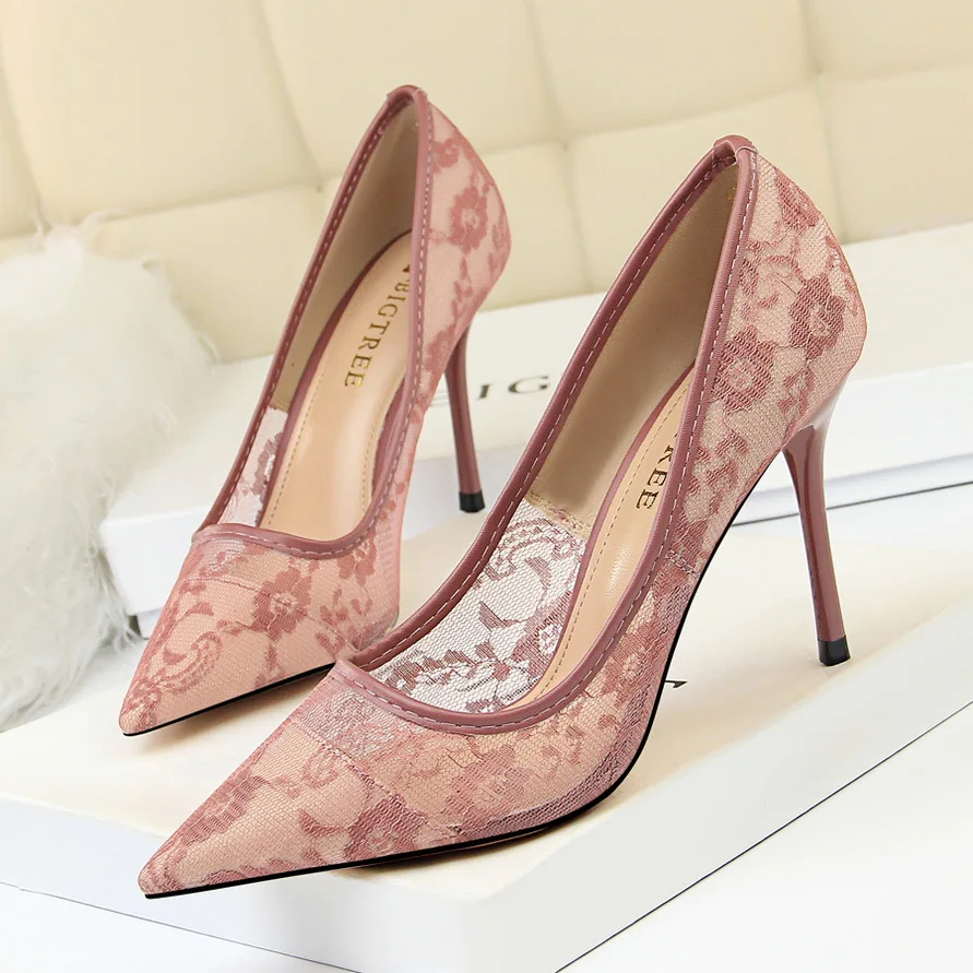BIGTREE Shoes Woman Pumps Flower Embroidery Lace High Heels Sexy Party Shoes Stiletto Fashion Women Heels Mesh Women Shoes