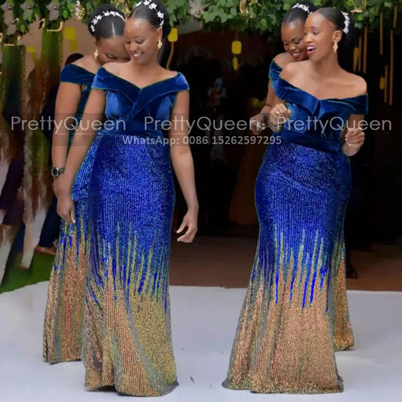 

Роскошные Длинные платья с блестками для подружек невесты с открытыми плечами Русалка Королевский синий бархатный футляр женское платье горничная Honor