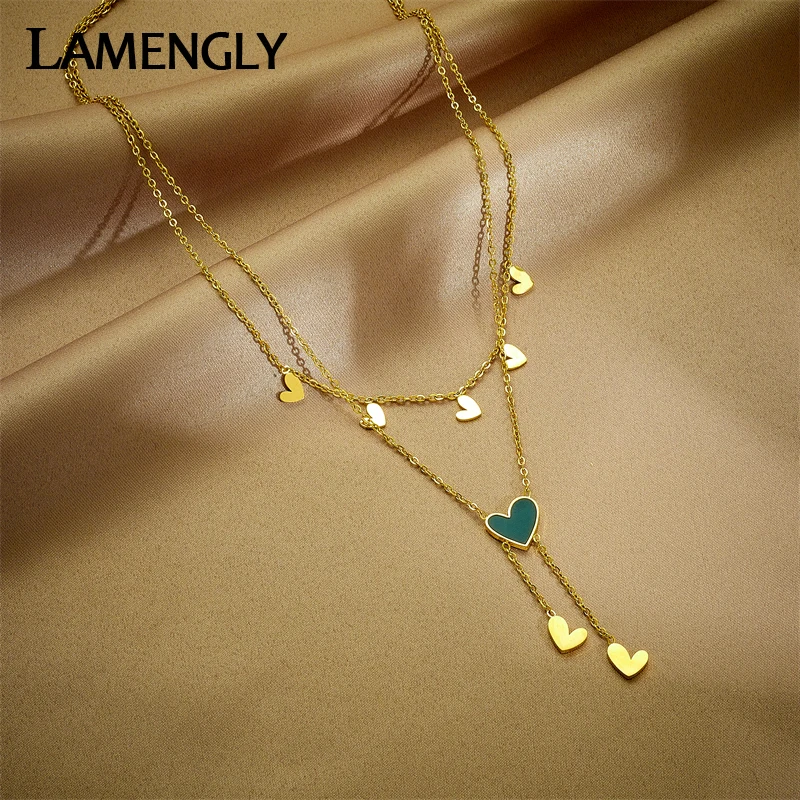 

LAMENGLY 316L Stainless Steel 2-Layer Black Heart Pendant Necklace For Women Fashion Girls Jewelry Choker Birthday Gifts Collier