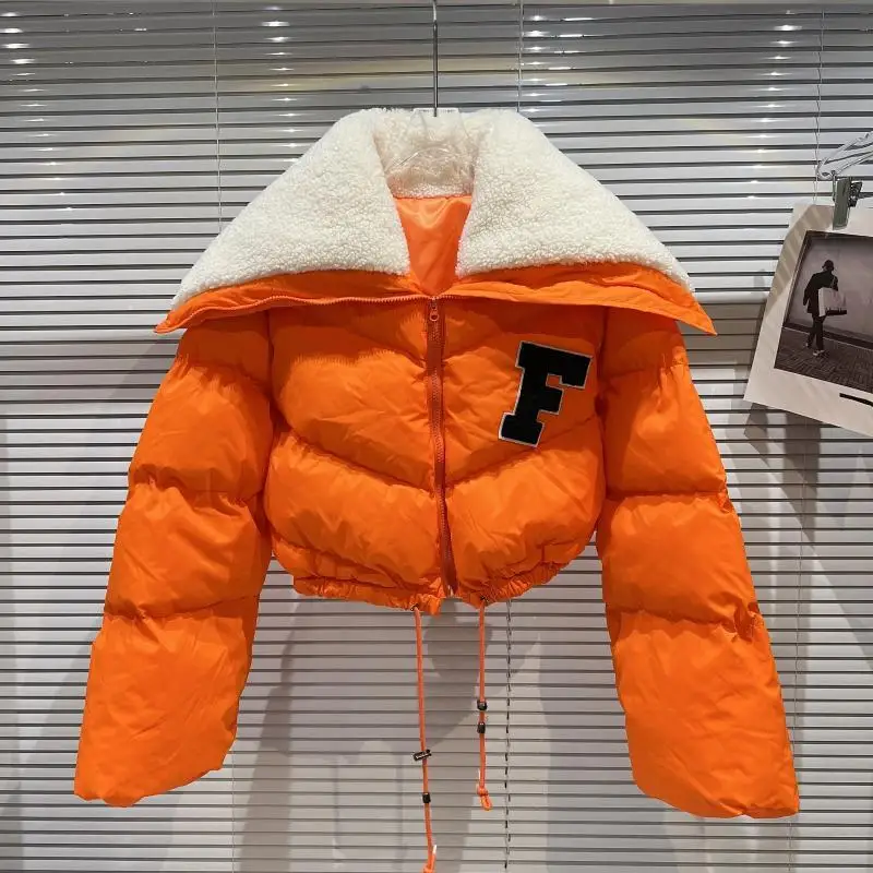 2022 Winter Long Sleeve Lambswool Sailor Collar Short Cotton Coat Women Drawstring Jacket Woman Parkas Warm Up Fur Orange Blue