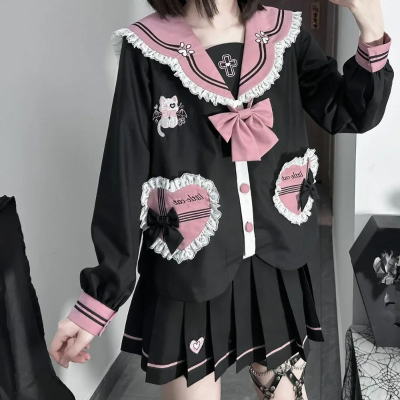 

Женское летнее платье JK, оригинальное черное и розовое платье, форма принцессы, милый матросский костюм для детского сада + плиссированная юбка, комплект из двух предметов