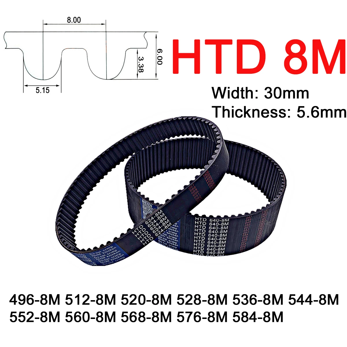 

1Pc Width 30mm 8M Rubber Arc Tooth Timing Belt Pitch Length 496 512 520 528 536 544 552 560 568 576 584mm Synchronous Belts