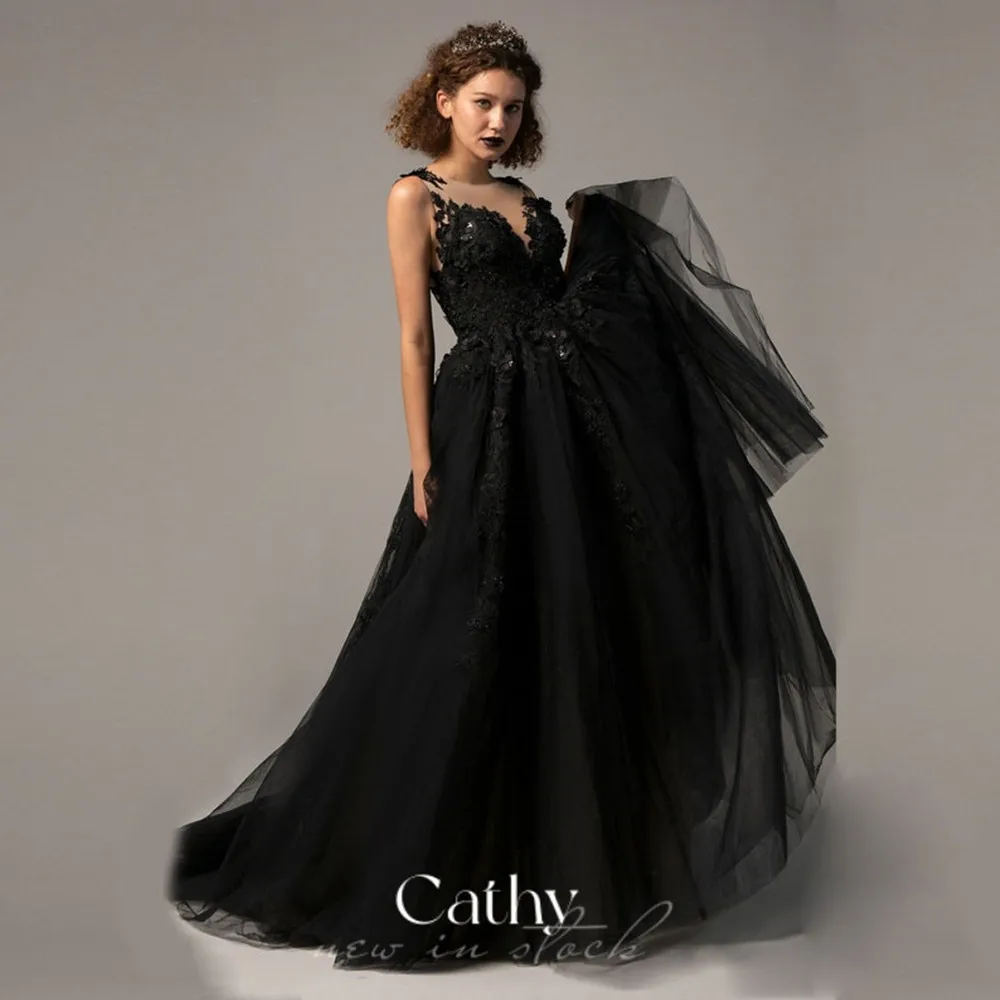 

Gothic Black Wedding Dress Sleeveless A-line Wedding Gown For Bride 2022 Bridal Gown 3D Flower Embroidery Vestidos De Novia