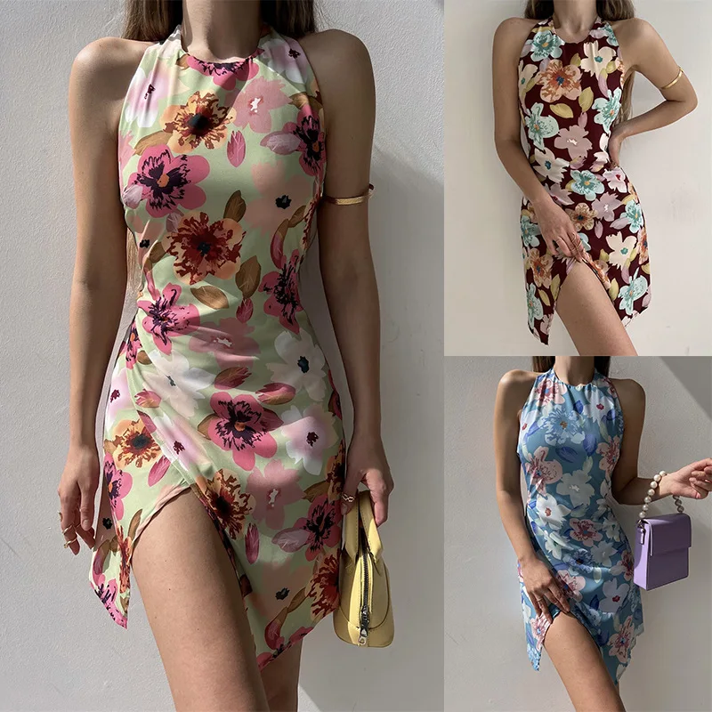 

Платье женское с открытой спиной, пикантный облегающий модный мини-сарафан с разрезом, без рукавов, с принтом, для ночного клуба вечерние, на...