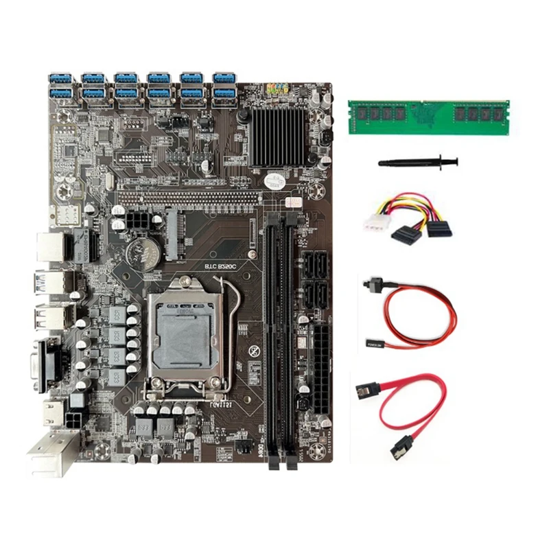 B250C BTC Mining Motherboard 12GPU PCIE To USB3.0 Slot LGA1151 DDR4 4GB 2666Mhz RAM+4PIN To SATA Cable ETH Miner