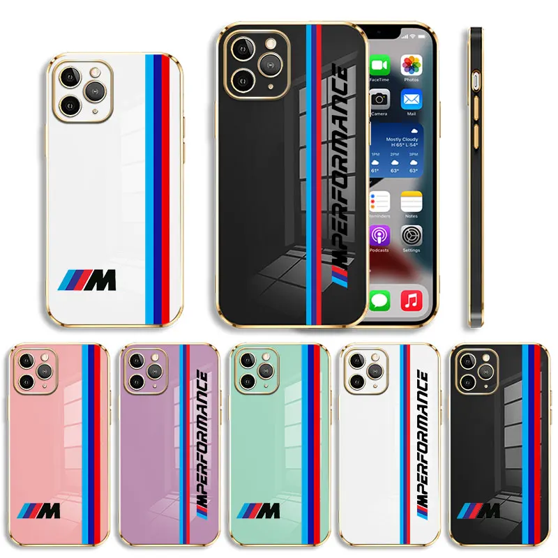 

Color Plating Phone Case For Apple iPhone 14 13 12 11 Pro Max Mini X XR XS Max 7 8 6 6s Plus Bmw-Line-Logo Square Back Cover