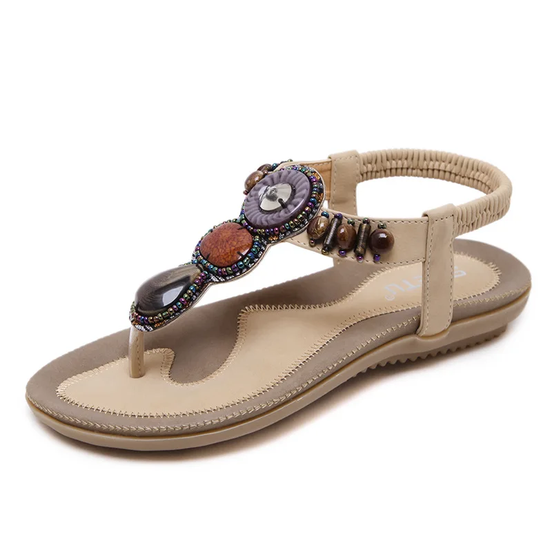 

Summer 2022 Ethnic Style Sandals Female Thailand Travel Beach Bohemian Retro Beaded Large Size Flat Shoes Women Sandals