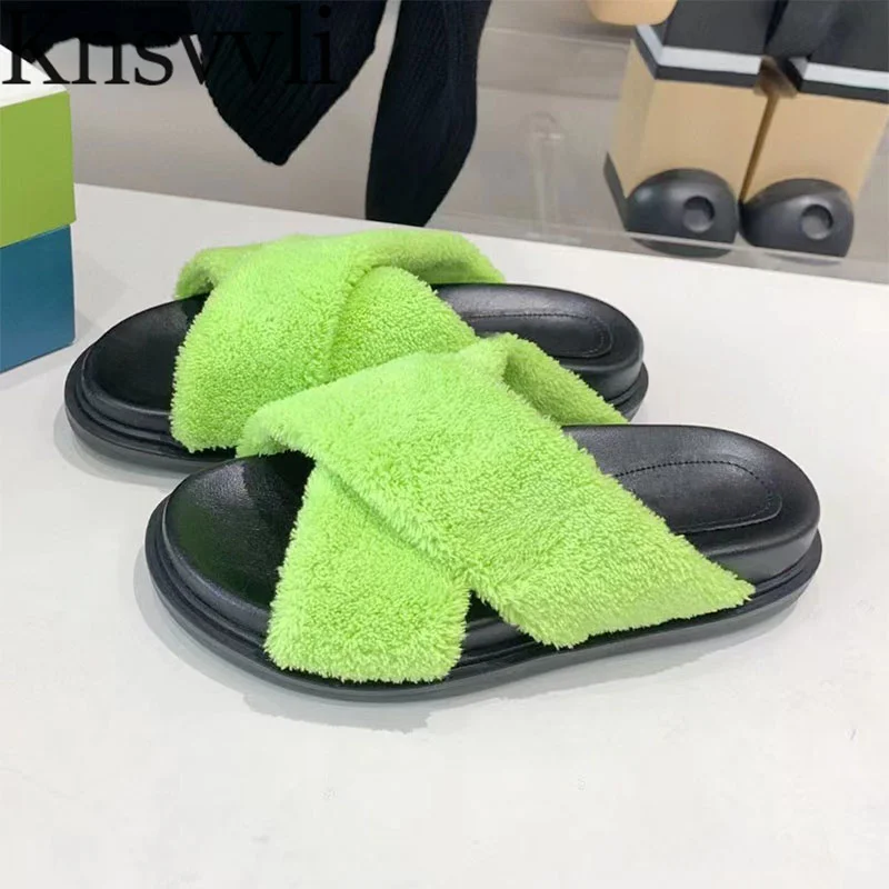 

Шлепанцы женские с меховыми вставками, плоская подошва, толстая подошва, поперечный ремешок, открытый носок, модные полотенца