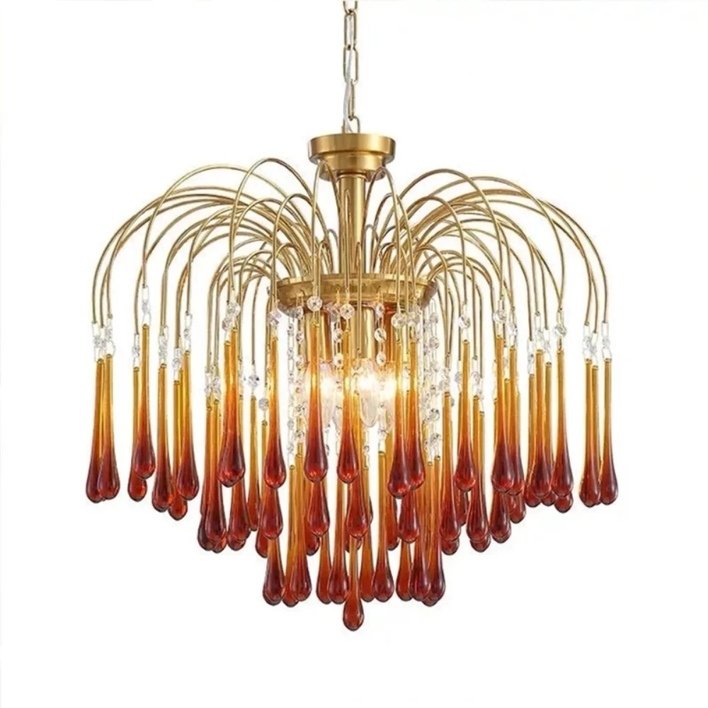 

Modern Italian Water Drop LED Glass Chandeliers French Yellow Bronze Crystal Designer Pendant Lamp For Dining Room Hanging Light