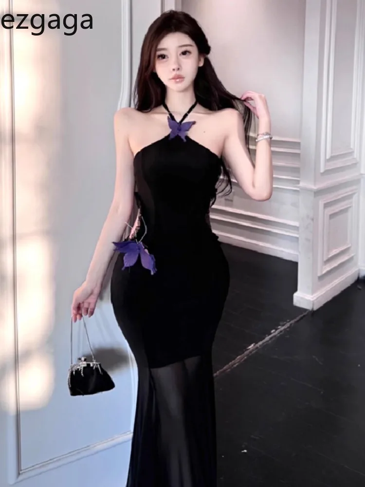 Ezgaga платья женские Холтер с открытой спиной и бабочкой сетчатое лоскутное