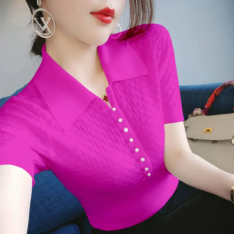 

2022 Ice Silk Knitted Short Sleeve T-Shirt Women's Wear Students Korean Slim Fit Large Size Backing Shirt POLO Neck Hollow Top