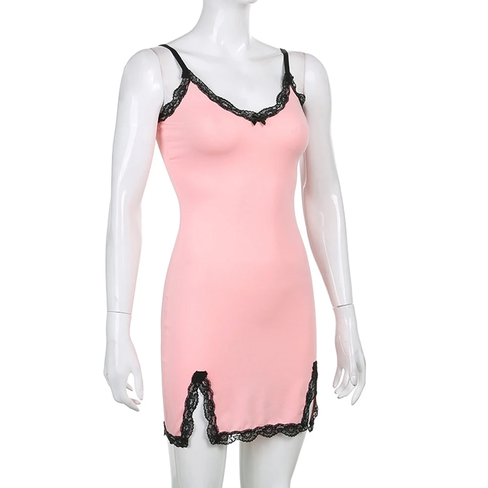 

Women V-neck Pink Thin Split Lace Sexy Skinny Hip Strap Tank Short Party Dress
