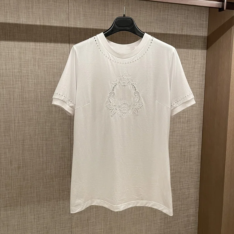 

Top Quality Spring Summer 2022 New Luxury Women's T-Shirt Heavy Embroidery Hollow White T-Shirt Top Temperament Versatile