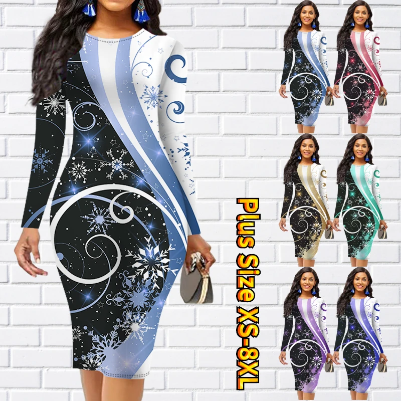 

New Design Printed Dress Autumn Winter Women Fashion Slim Dress Sheath Midi Skirt Sexy Long Sleeve Skirt Round Neck Knee Length